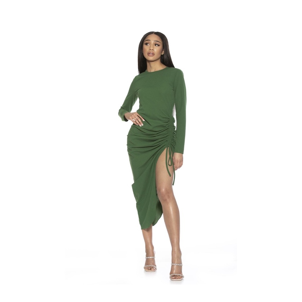 Alexia Admor Nikki Green Ruched Long Sleeve Midi Dress Side Slit Bodycon Size S